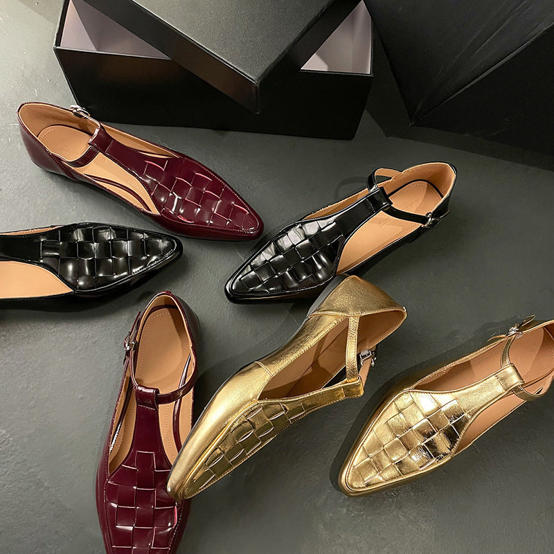 Fashion Pointed Flat Gold Leather Shoes