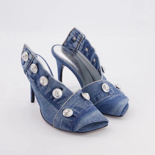 Women's Stiletto Heel Square Toe Denim Metal Rivet Slippers