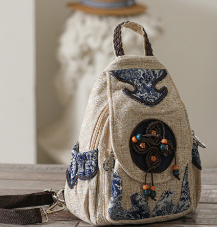 Retro Style Artistic Crafts Woven Pouch Leisure And Convenient Dual-use Canvas Chest Bag Multi-zipper