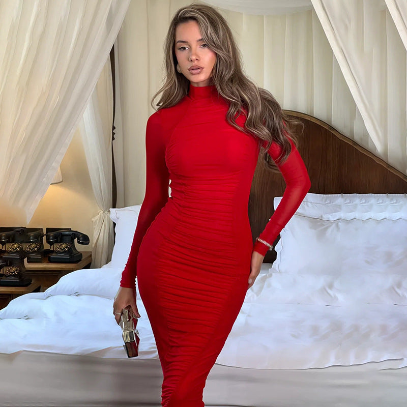 Robe sexy en maille à manches longues et col rond pour femme