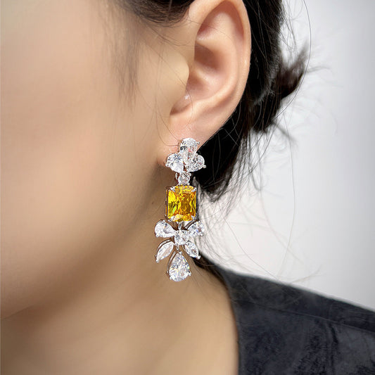 Fashion European And American Style Yellow Diamond Earrings Female Creative Personality Inlaid Imported Zircon