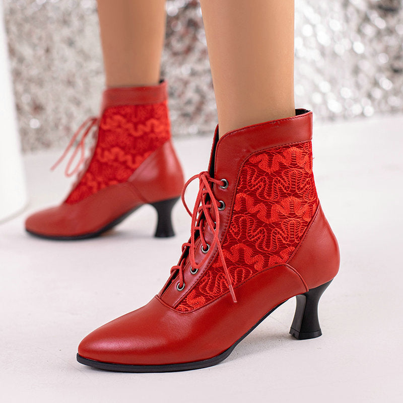 Bottines à talon chaton pour femmes, lacets ajourés en dentelle pour automne et hiver