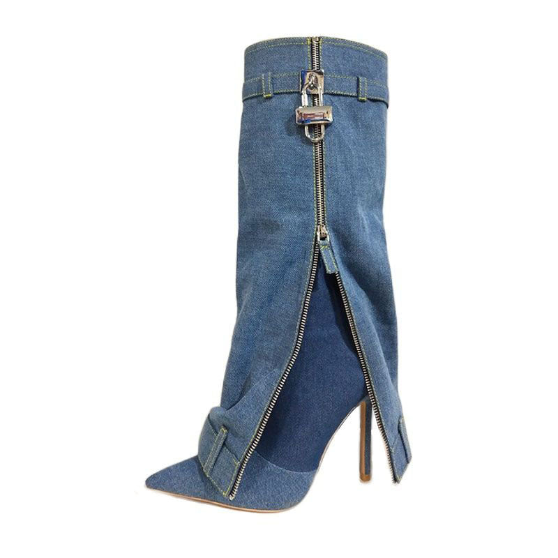 Pointed Female Fashion Metal Buckle Flanging Zipper Casual High Leg Boot