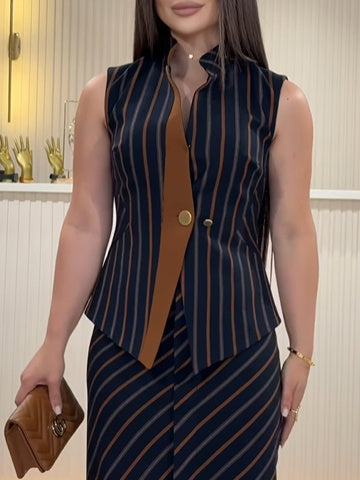 Striped Stand-up Collar Vest & Front Slit Skirt Suit