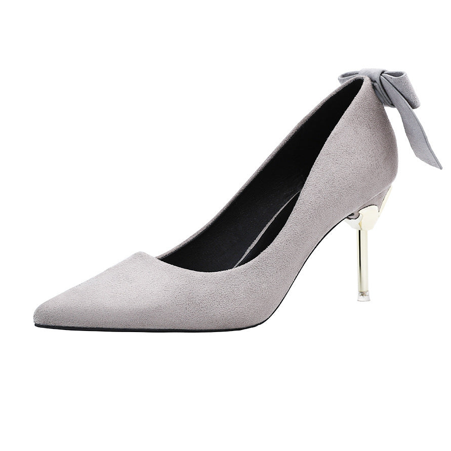 Korean Fashion Suede Pointed Bow Shallow Mouth Fine With Sexy High-heeled Shoes