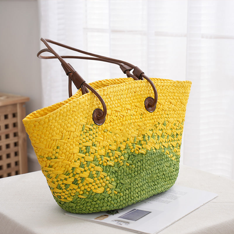 Large Capacity Yellow And Green Gradient Pineapple Tote Woven Shoulder Bag