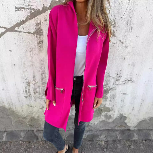 Chaqueta con capucha y cremallera informal de color sólido para otoño e invierno