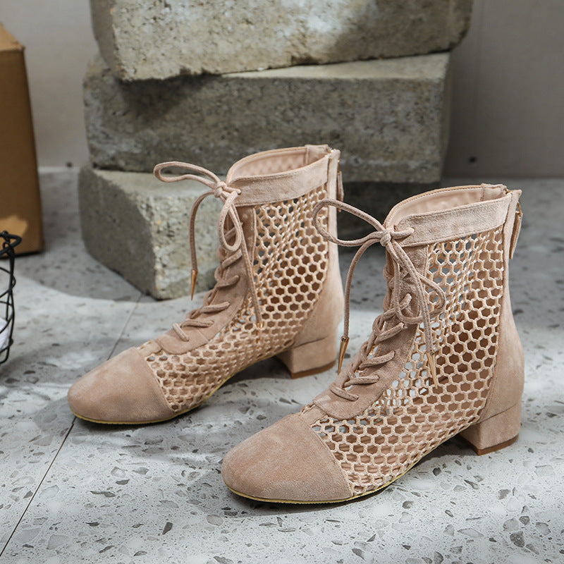 Lace-up Ankle Boots With Square Toe And Thick Heel Mesh