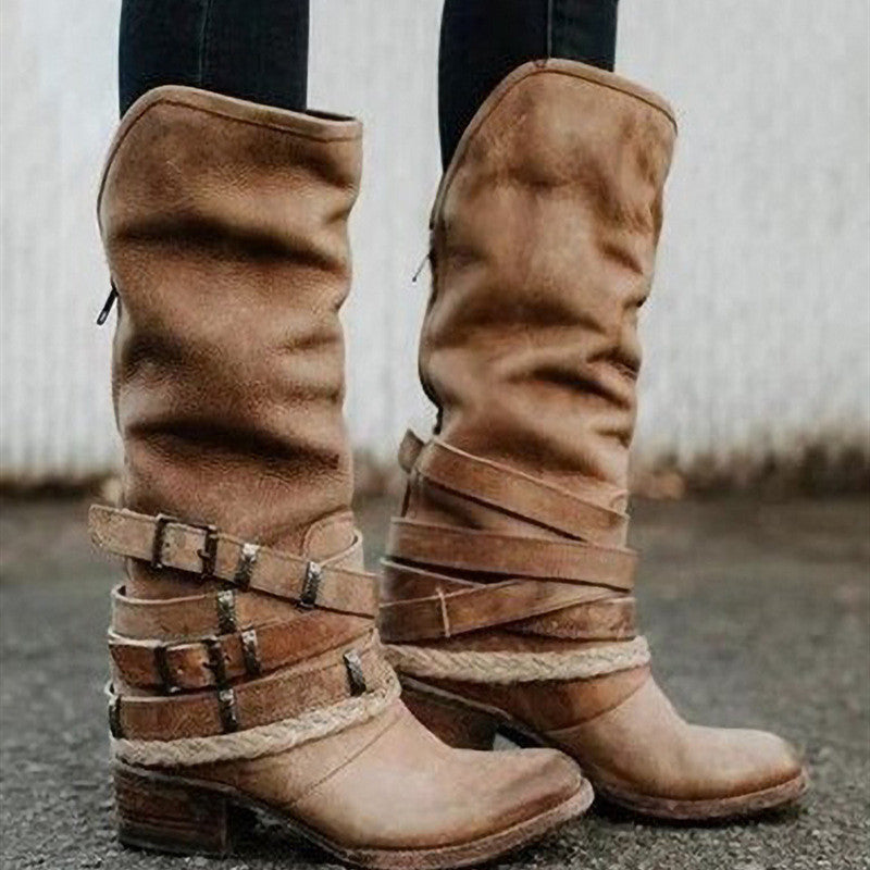 Women's Belt Buckle Thick Heel Middle Boots