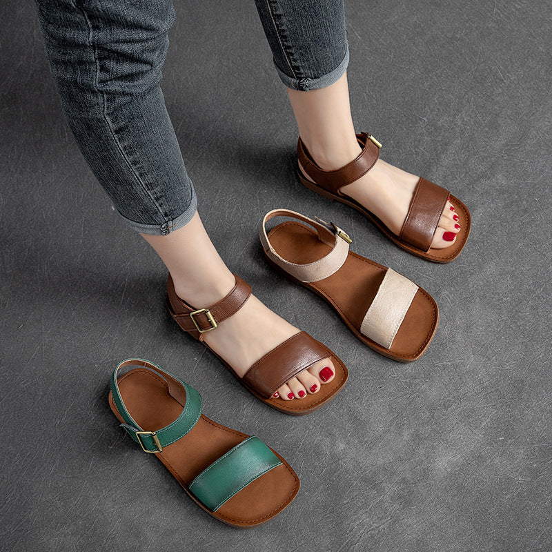 Flat Sandals Velcro Solid Color Roman Style Simple All-matching Women's Shoes Fashion