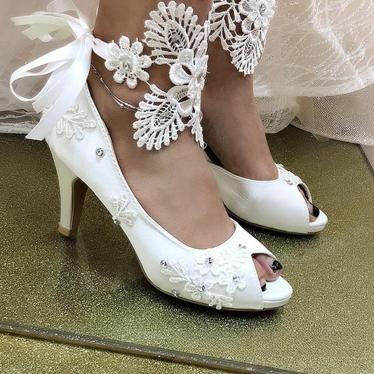 New White Lace Flower Ribbon Stiletto Wedding Shoes