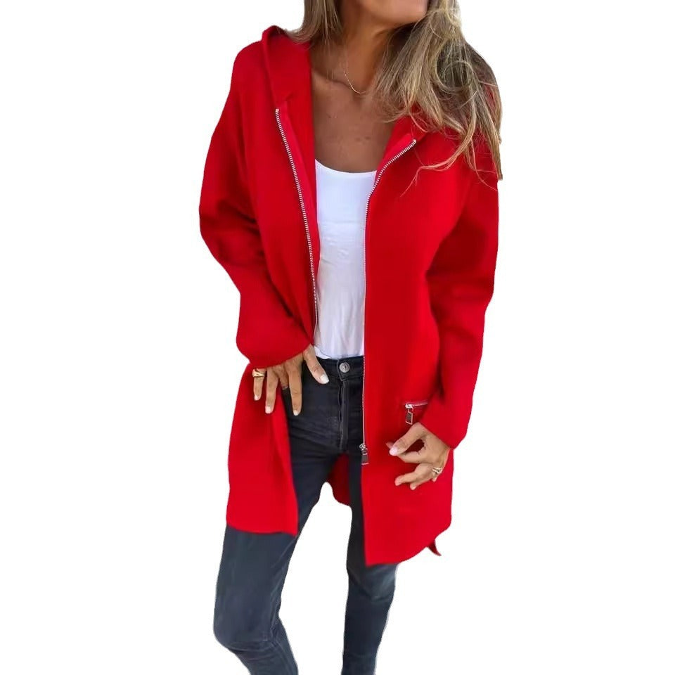 Chaqueta con capucha y cremallera informal de color sólido para otoño e invierno