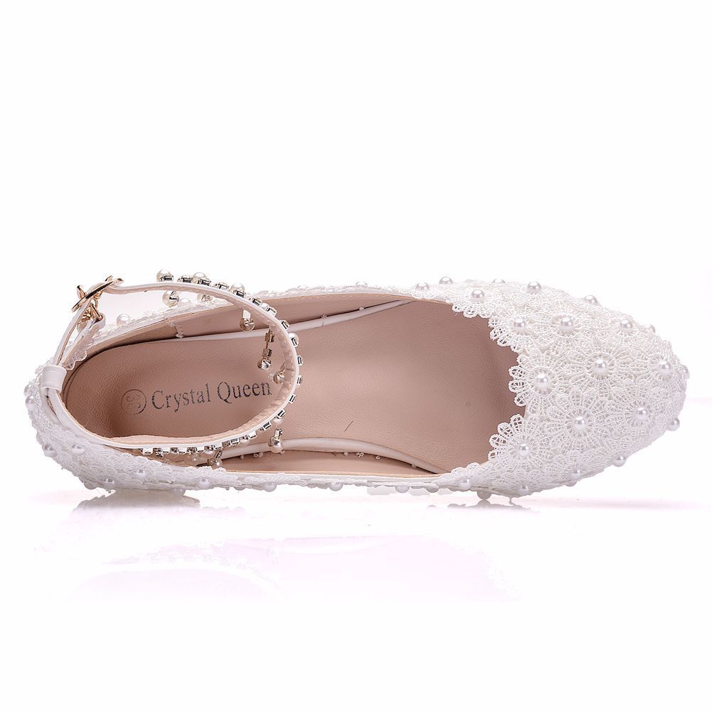 Square Heel Round Toe Pumps With White Lace Wedding Shoes Bridesmaid Shoes