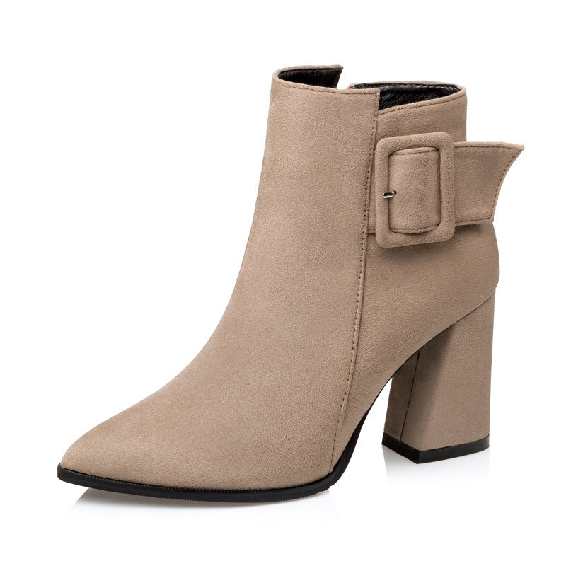 Pointed To Martin Female Frosted Thick With Short Belt Buckle High Heel Boots