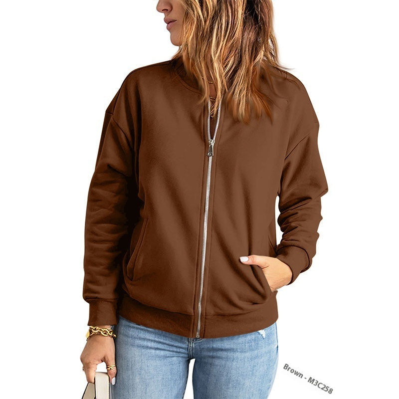 Women's Solid Color Zipper Jacket Coat Fashion Casual Cardigan Long Sleeve Stadiumjumper