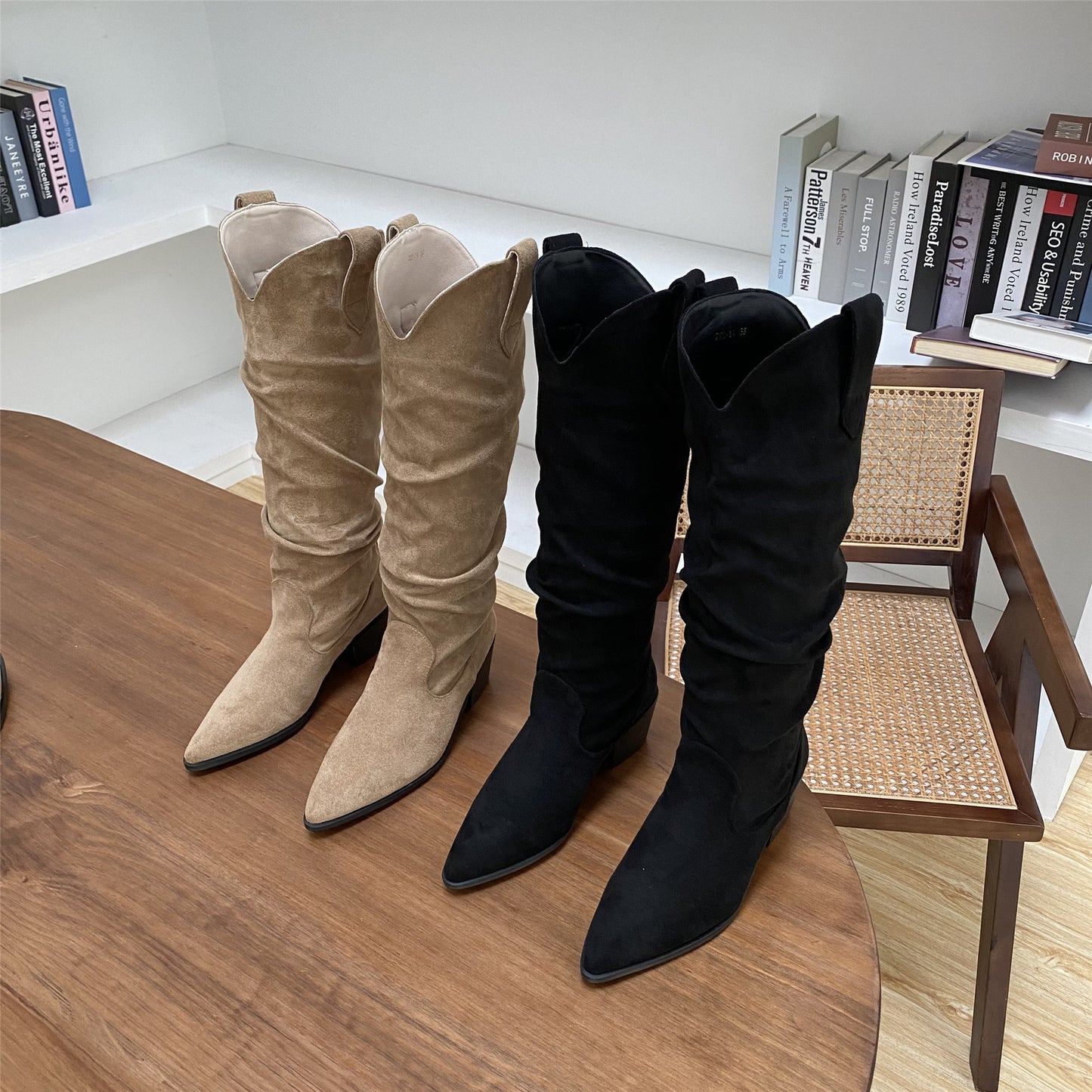 Botas vaqueras occidentales de punta puntiaguda y tacón medio para mujer, no retro