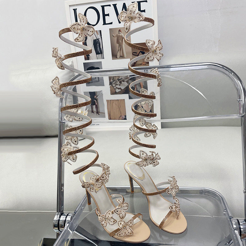 Rhinestone Snake-shaped Strip Winding Sexy Stiletto Heel Catwalk Sandals