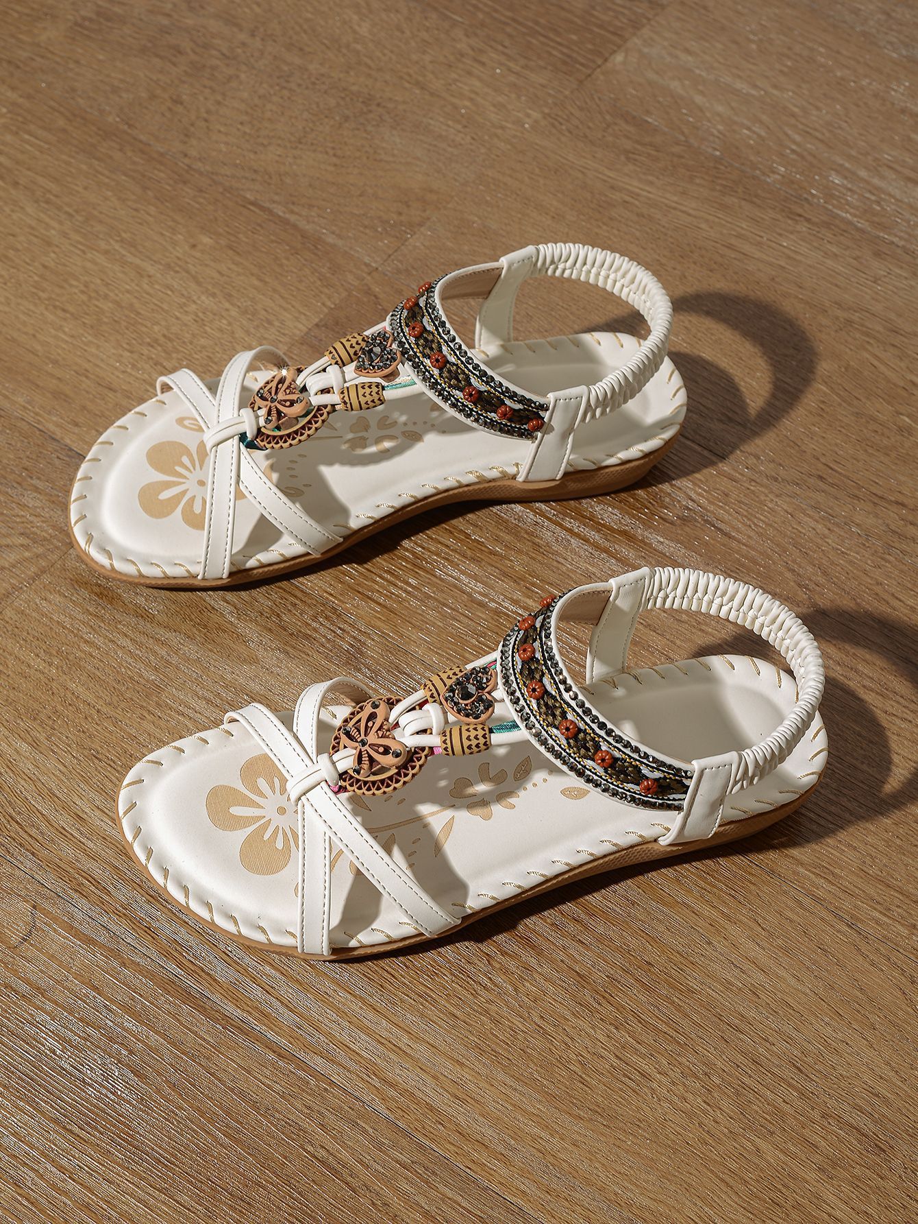 Sandalias planas con flores y diamantes de imitación para mujer, talla grande