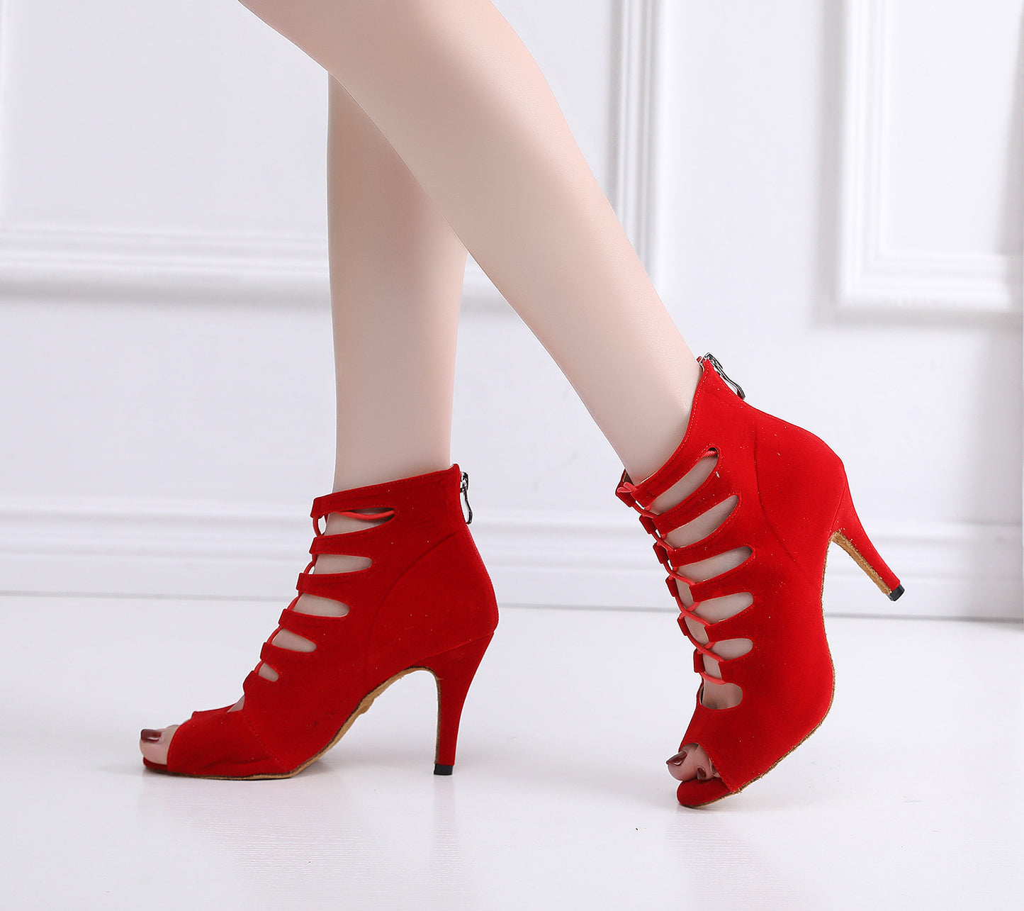 Tacones altos con punta abierta cortos y suela suave de color rojo para mujer