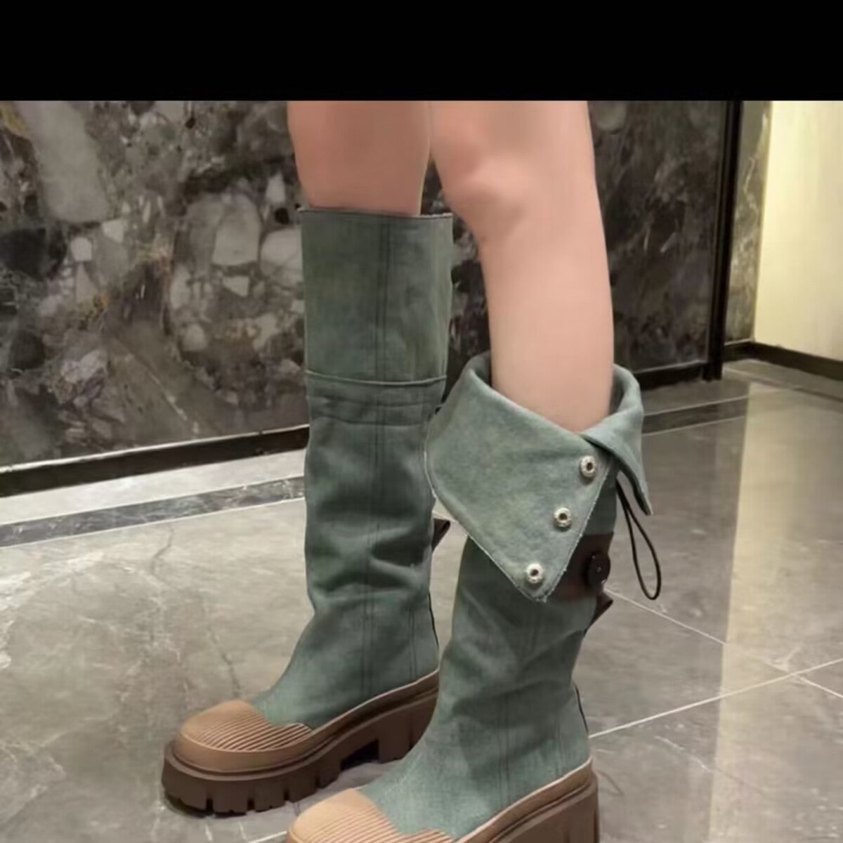 Denim Female Boots Canvas Thick Bottom Round Head