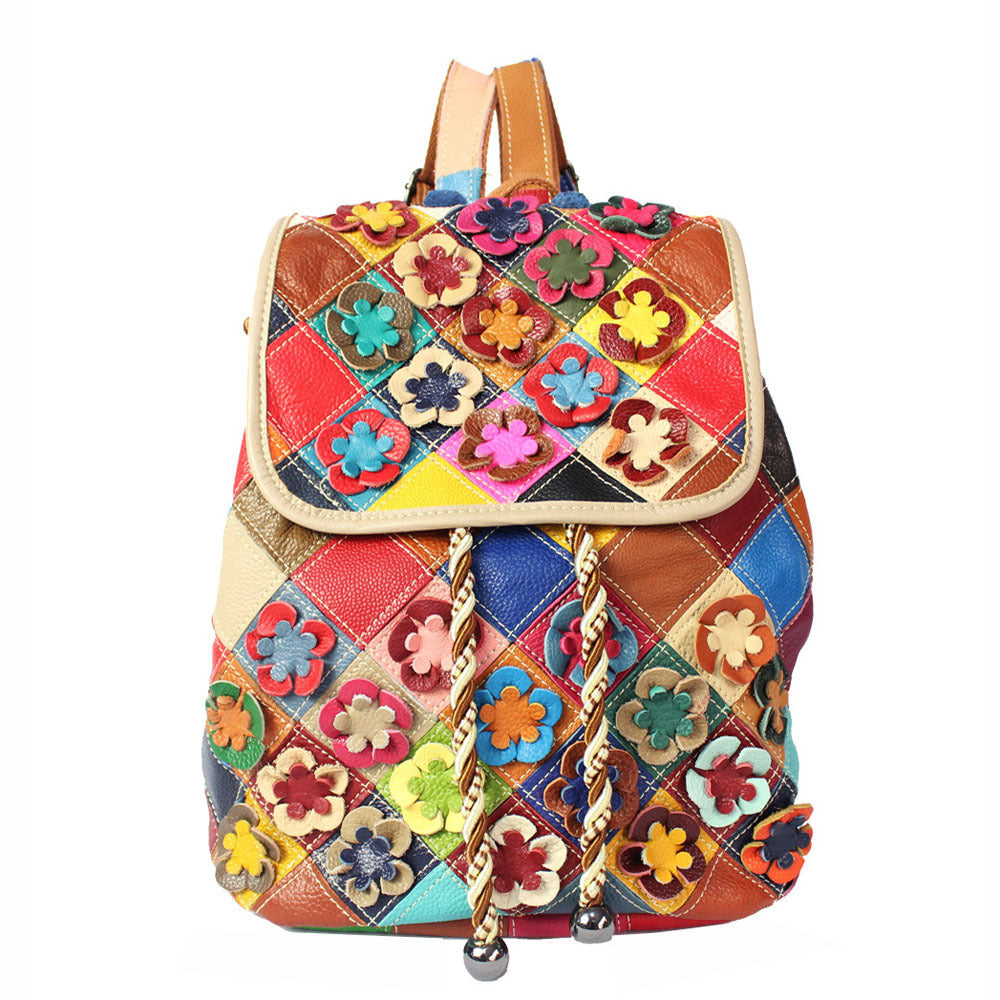 Women's Fashion Casual Rhombus Color Matching Leather Backpack