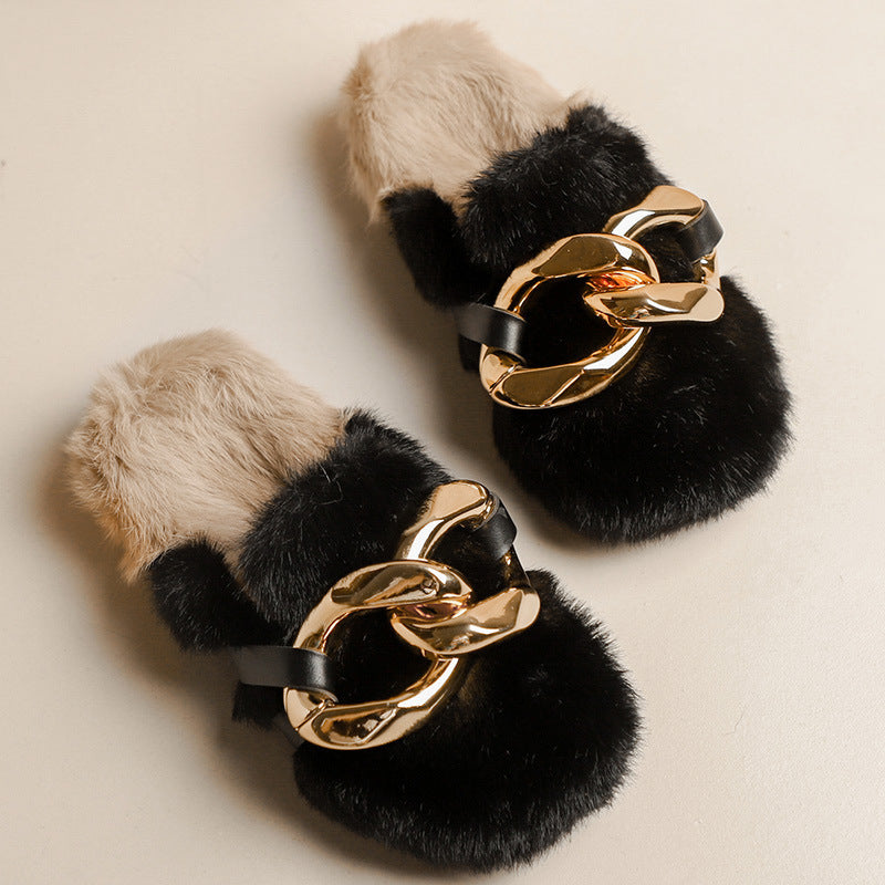 Women's Fashion Outerwear Fleece-lined Mink Fur Platform Slippers