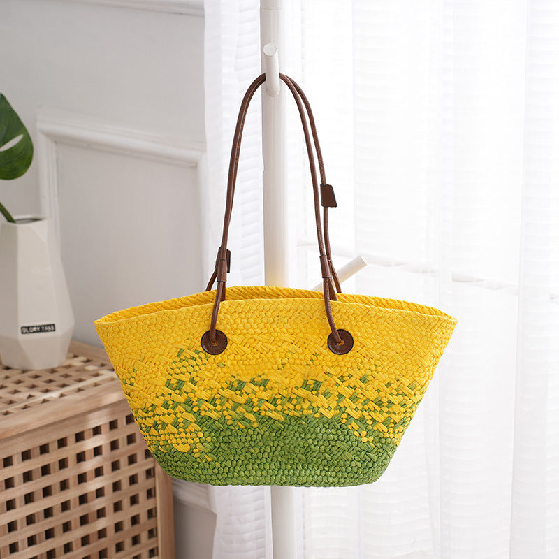 Large Capacity Yellow And Green Gradient Pineapple Tote Woven Shoulder Bag