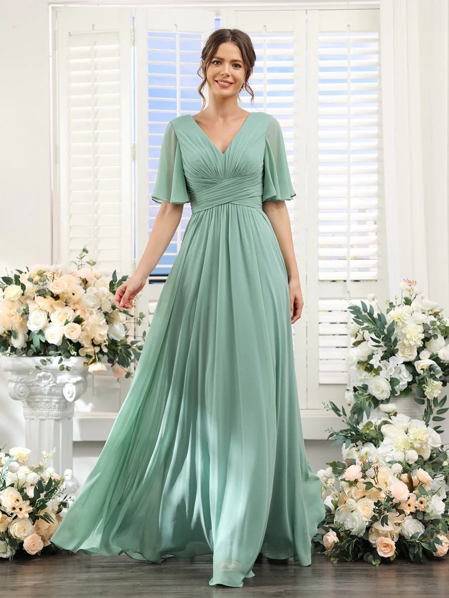 Chiffon Evening V-neck Butterfly Sleeve Host Long Dress