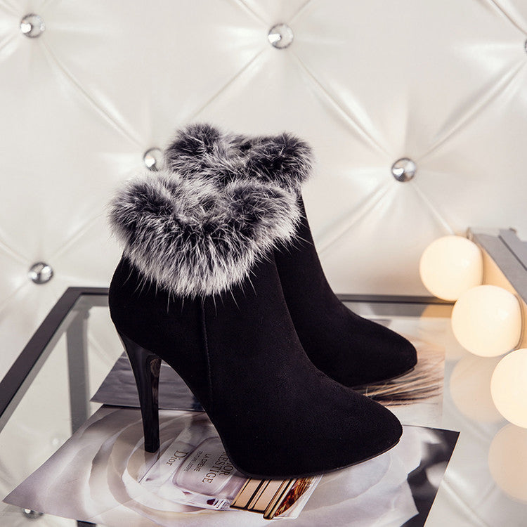 Women's Fur Booties Plus Size Pointed High Heels