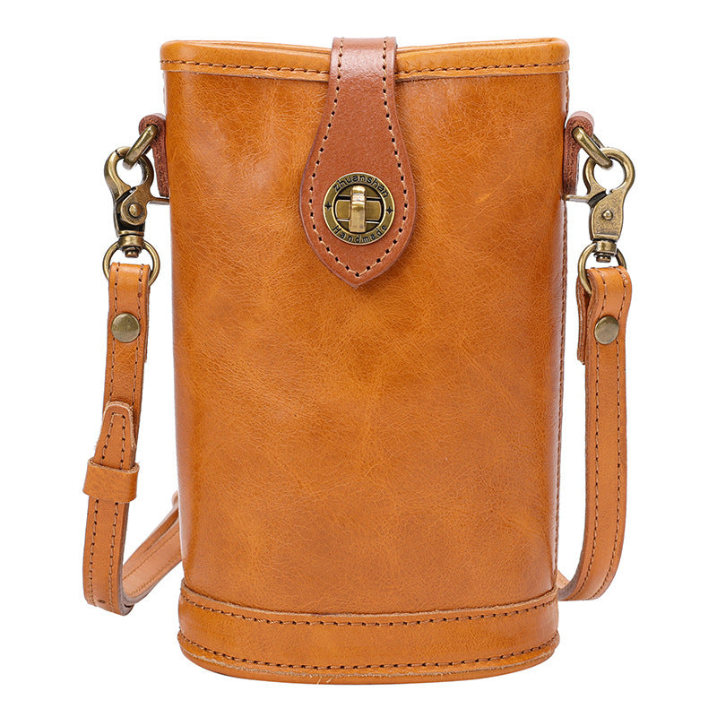 Original Mobile Phone Bag Vegetable Tanned Oil Wax Cowhide Round Barrel Small Bag