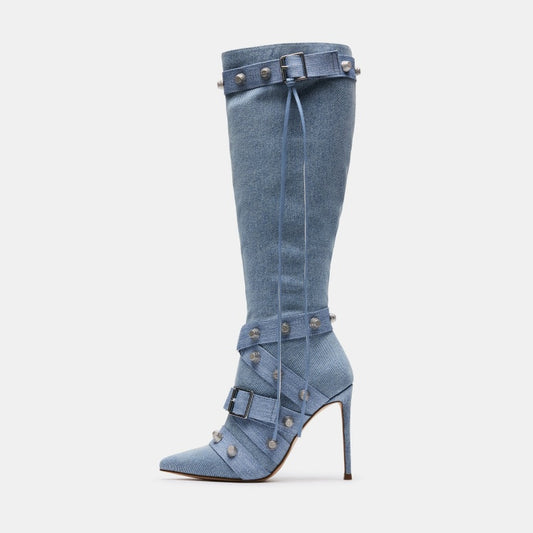 Metal Leathern Pointed Stiletto Heel High Leg Boot Rivet