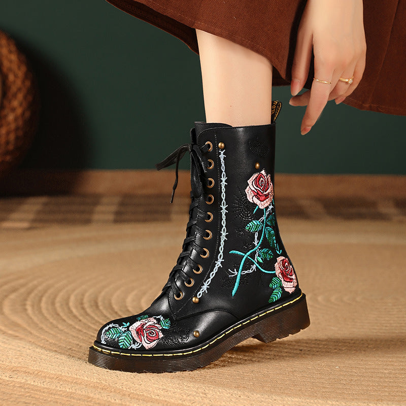 Women's Round Toe Mid Heel Martin Side Zipper Muffin Bottom Booties Embroidery Ethnic Style Women's Shoes