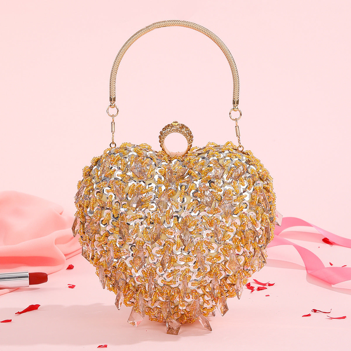 Embroidered Beaded Heart-shaped Dinner Bag