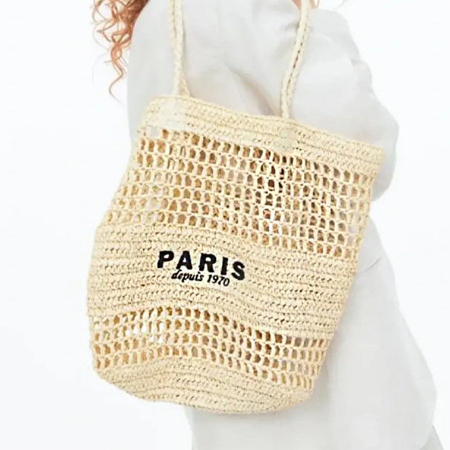 Embroidered Letters Hollow Out Straw Handbag