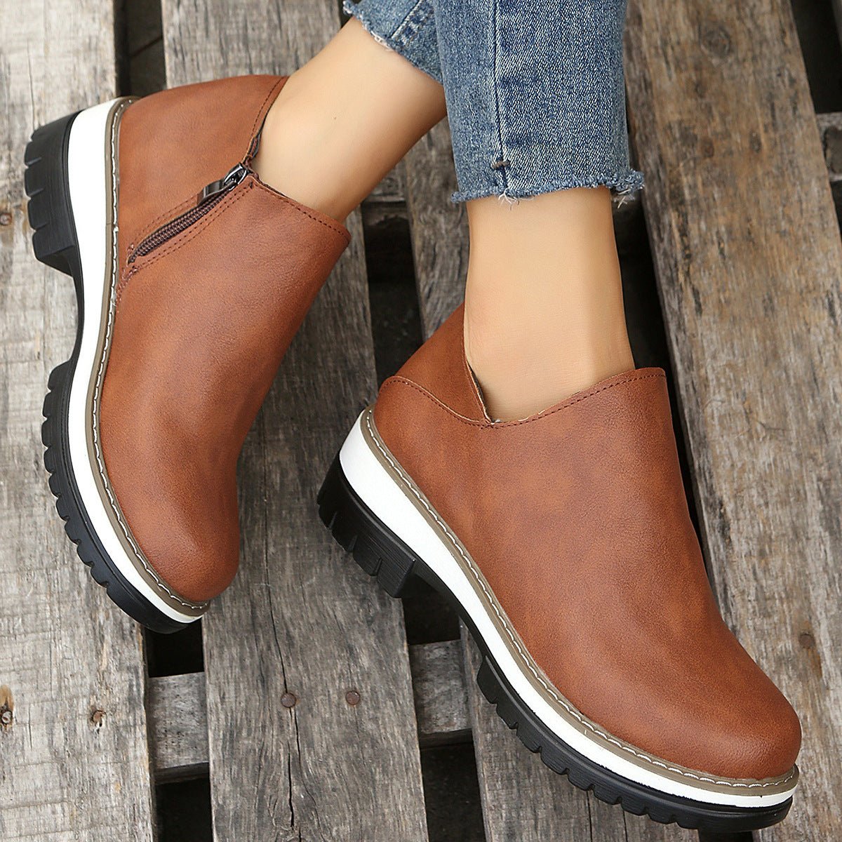 Women Ankle Boots Round Toe Low Heel Zipper Shoes