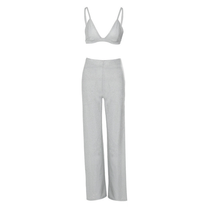 Spaghetti Straps Midriff-baring Vest Three-piece Slim-fit Trousers