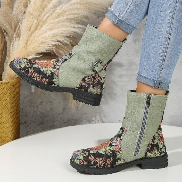 Flowers Print Ankle Boots Women Retro Belt Buckle Chunky Heels Cowboy Boots With Side Zipper Autumn And Winter Round Toe Shoes