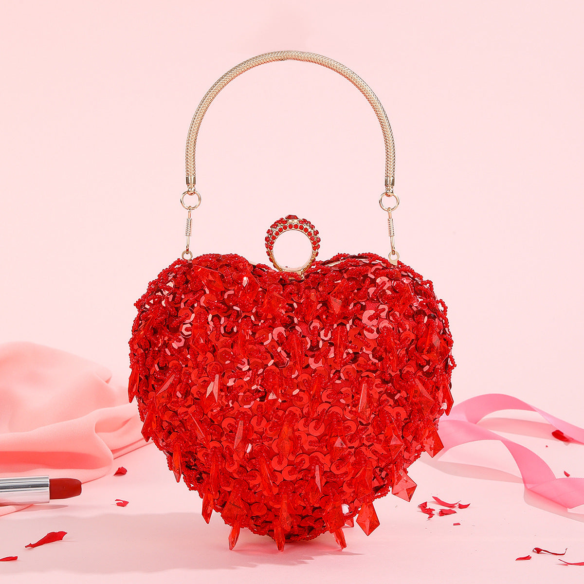 Embroidered Beaded Heart-shaped Dinner Bag