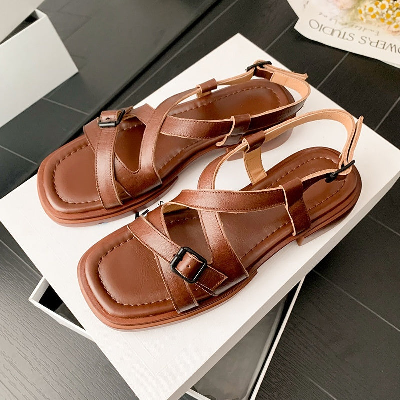 Retro Cross Strap Genuine Leather Open Toe Sandals Stylish Low Heel Roman Style Beach Shoes