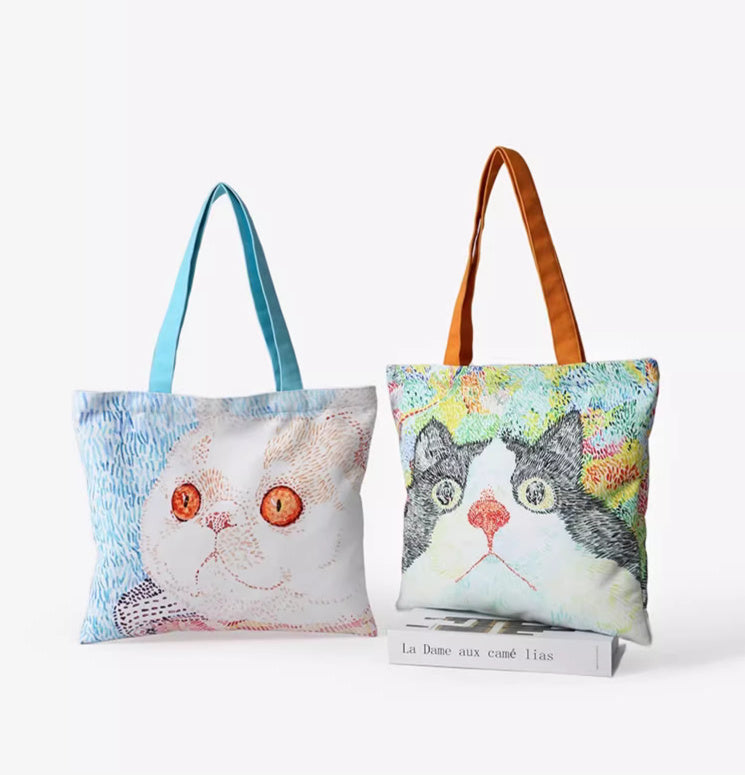 Bolso de hombro con ilustración de gato, bolso de lona de gran capacidad