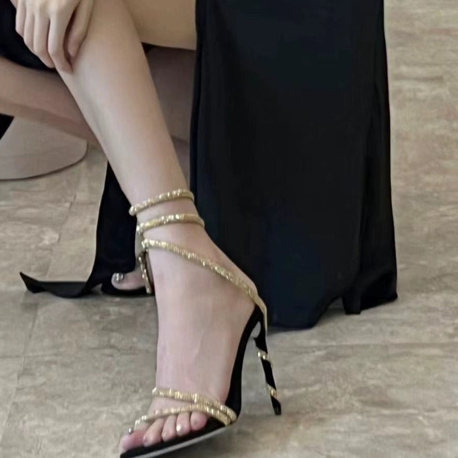 Sandales à talons aiguilles et brides en strass pour femmes, grande taille