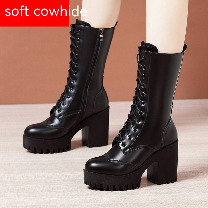 Leather High Heel Mid-calf Boots For Women Lace-up