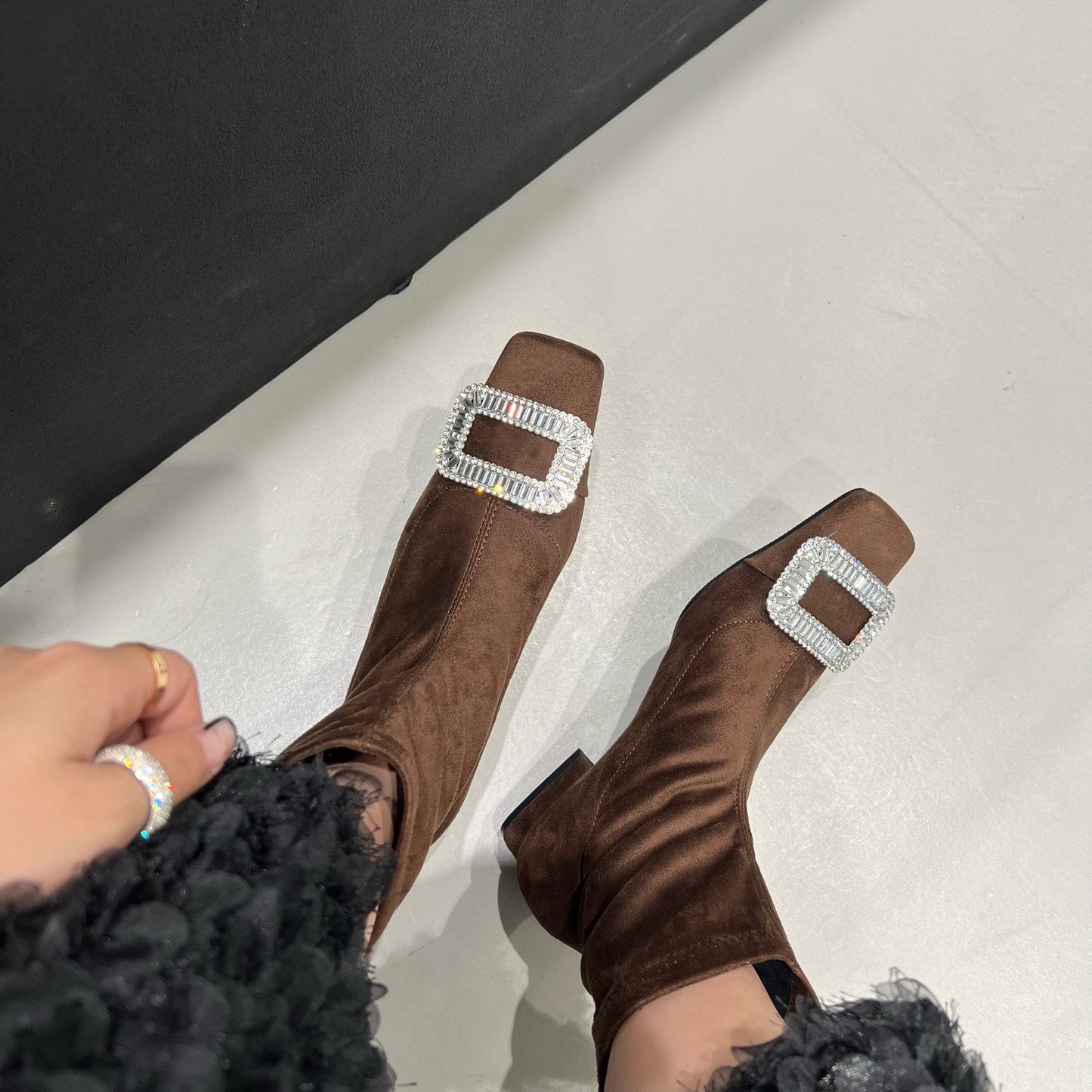 French Skinny Booties With Thick Heel And Square Head