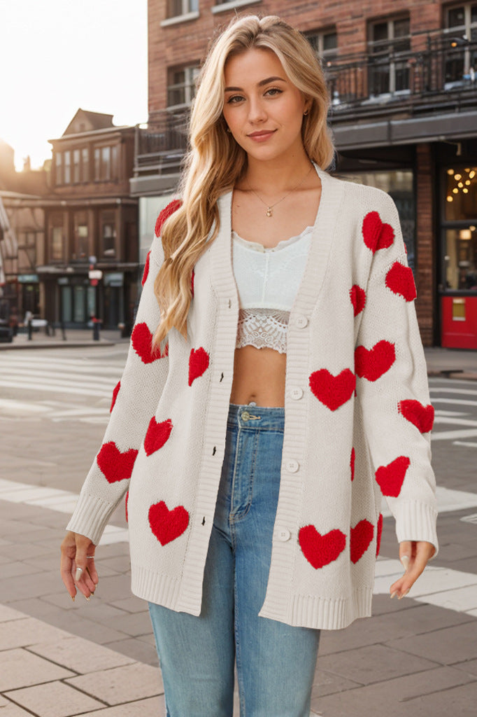 Heart Knitted Cardigan V-neck Buttons Mid-length Coat For Women