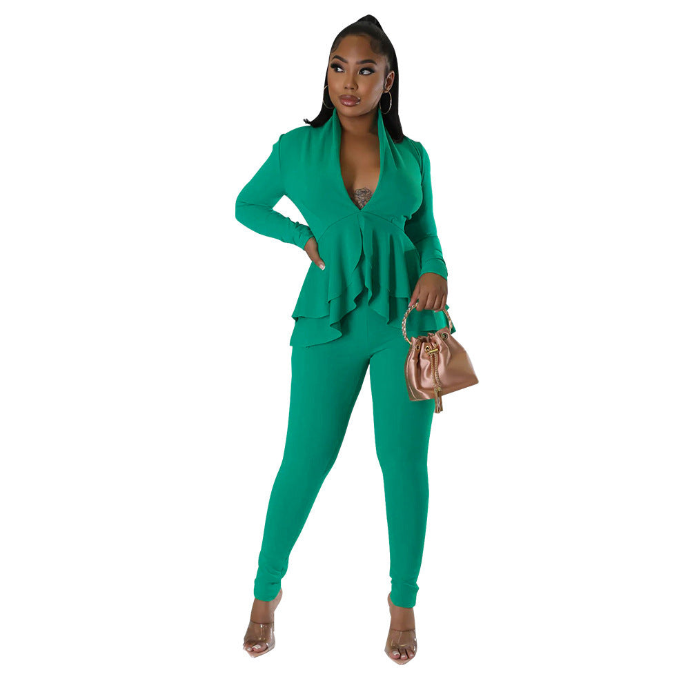 V-neck Flounce Long Sleeve Pencil Pants Suit