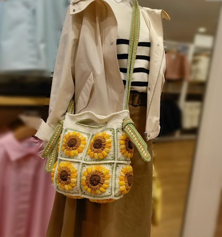 Bolso bandolera de lana de ganchillo para mujer, de doble uso, tejido a mano con girasoles