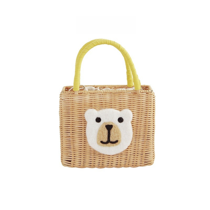 Bolsa de paja informal hecha a mano con forma de oso, portátil, para fiestas de verano, reuniones y picnic