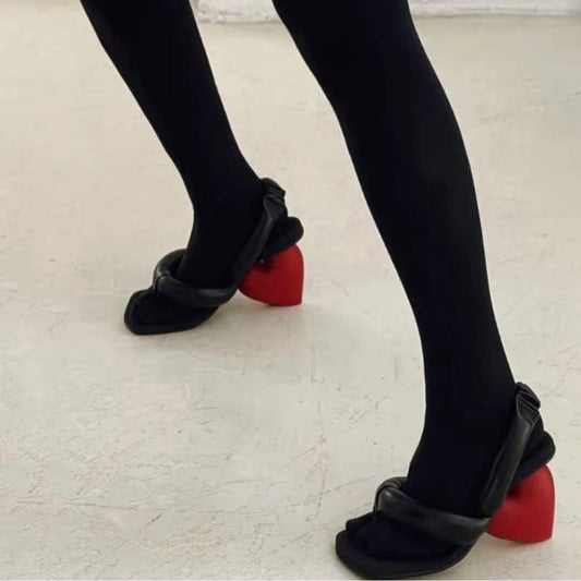 Retro Red And Black Color Matching Open-toed High-heeled Slippers