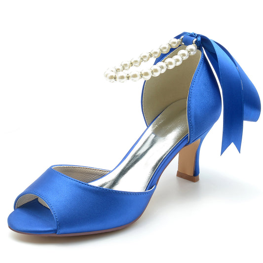 Tacones altos con cadena de perlas y lazo, tacón grueso, color azul