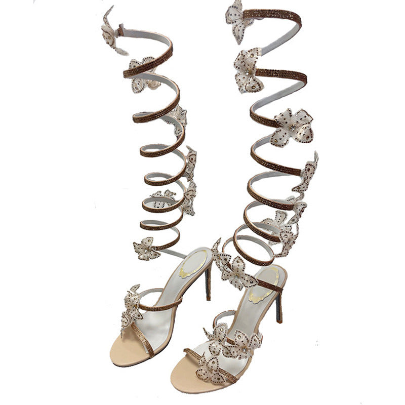 Rhinestone Snake-shaped Strip Winding Sexy Stiletto Heel Catwalk Sandals